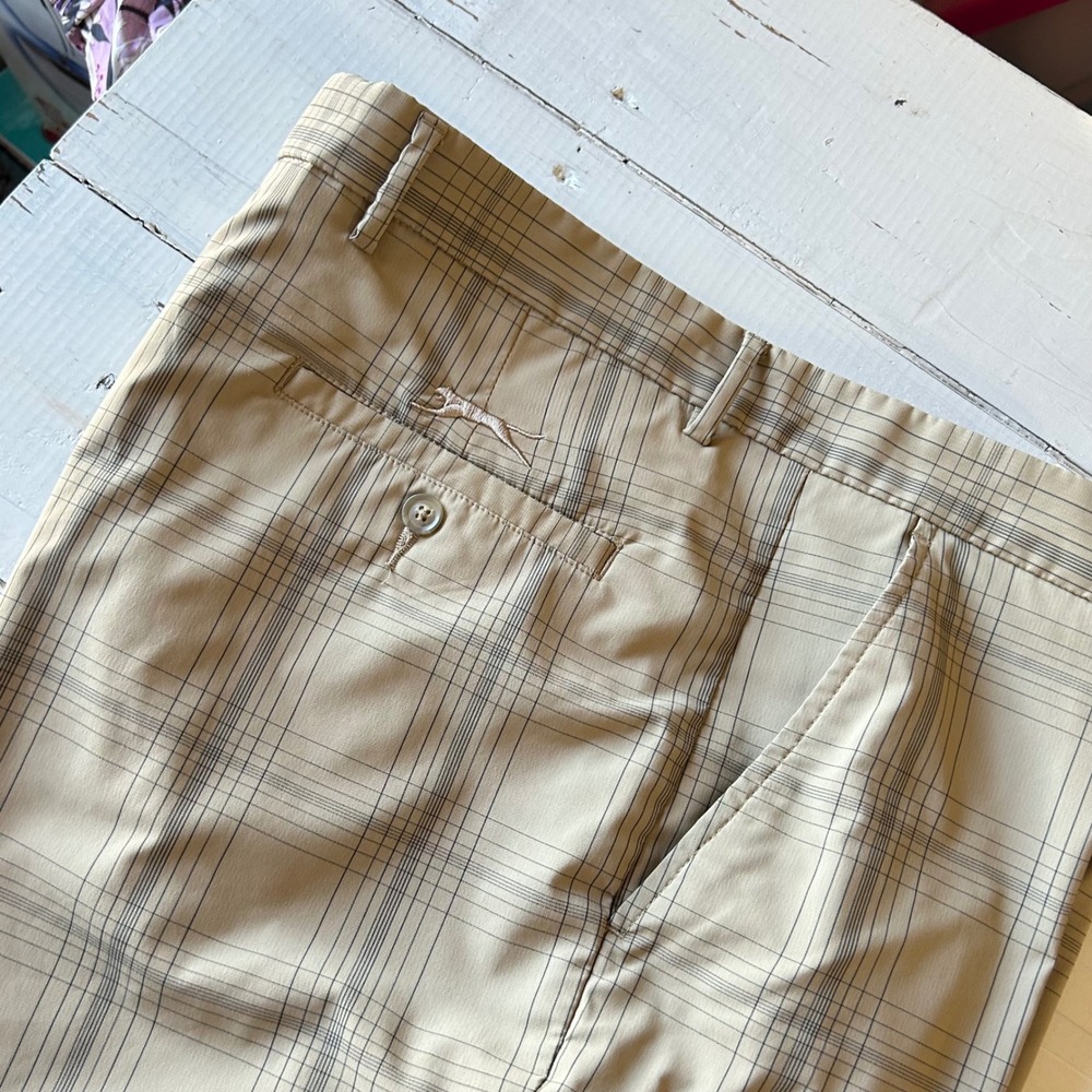 Slazenger Men's Golf Shorts Tan Plaid Stretch Waist 38 Lightweight‎ Breathable